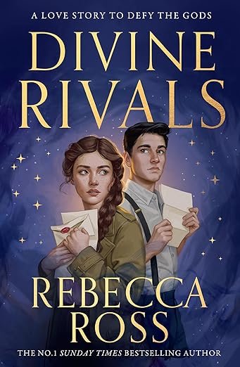 Cover of 'Divine Rivals' by Rebecca Ross. A young woman and man hold letters, gazing thoughtfully. Stars twinkle against a deep blue background. Mood is mystical and romantic.