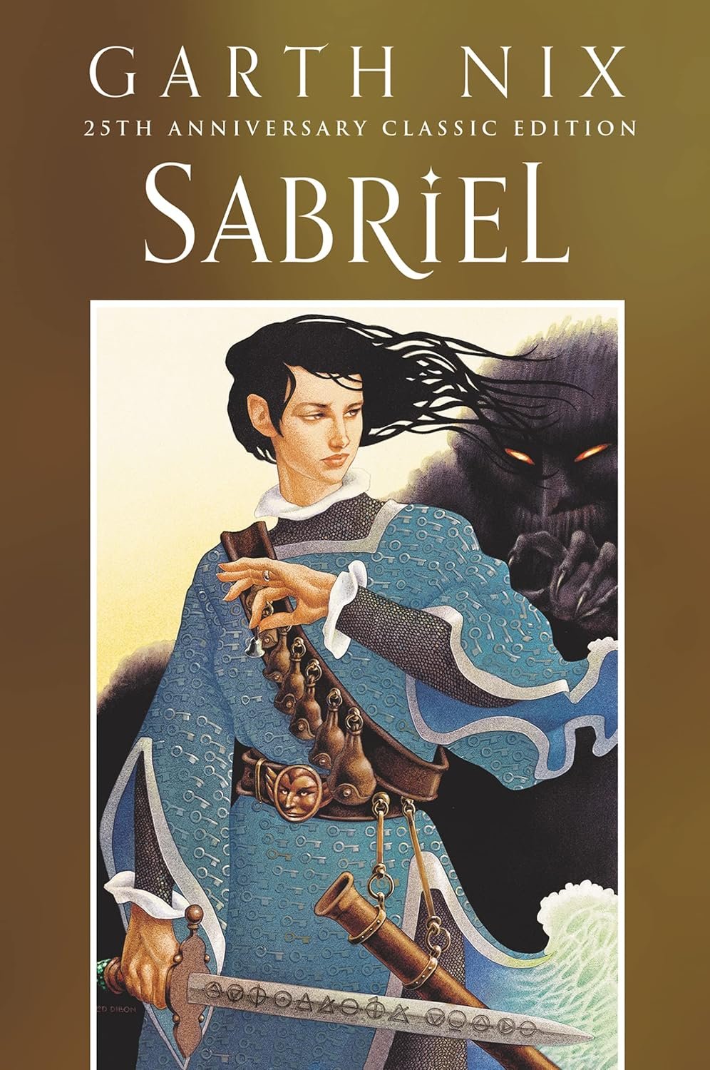 Cover of 'Sabriel' by Garth Nix shows a woman in a blue robe holding a sword. Dark figure with glowing eyes looms behind, creating a mysterious, tense mood.