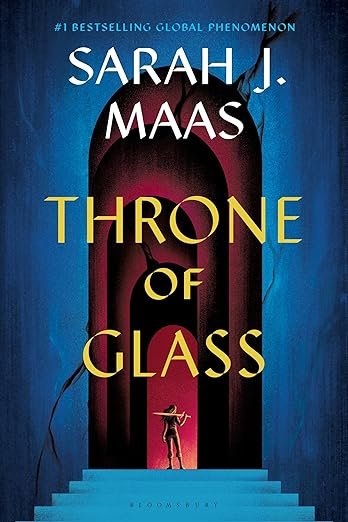 Blue cover with large archways in black and red. A small figure with a sword stands at the bottom. Title 'Throne of Glass' in yellow text.