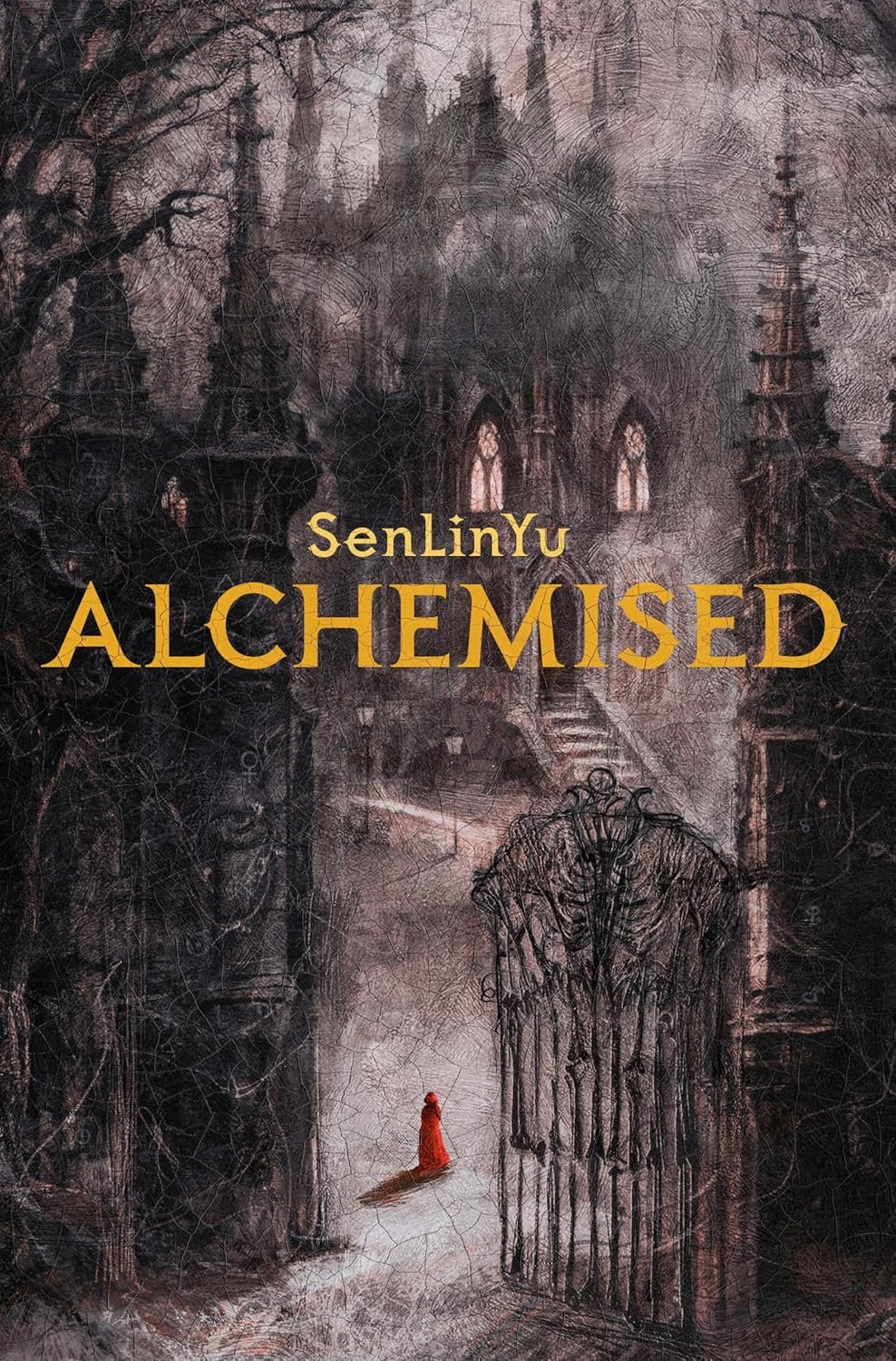 A mysterious castle looms behind ornate gates in a dark, gothic setting. A figure in a red cloak walks towards it, evoking a sense of intrigue. Title: 'Alchemised.'