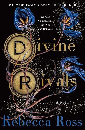Cover of 'Divine Rivals' by Rebecca Ross, featuring elegant blue flowers and intertwined brown vines on a dark background, conveying mystery and intrigue.