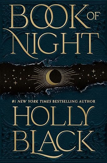 Dark book cover titled 'Book of Night' by Holly Black features gold lettering and a crescent moon with stars. Mysterious and enchanting tone.