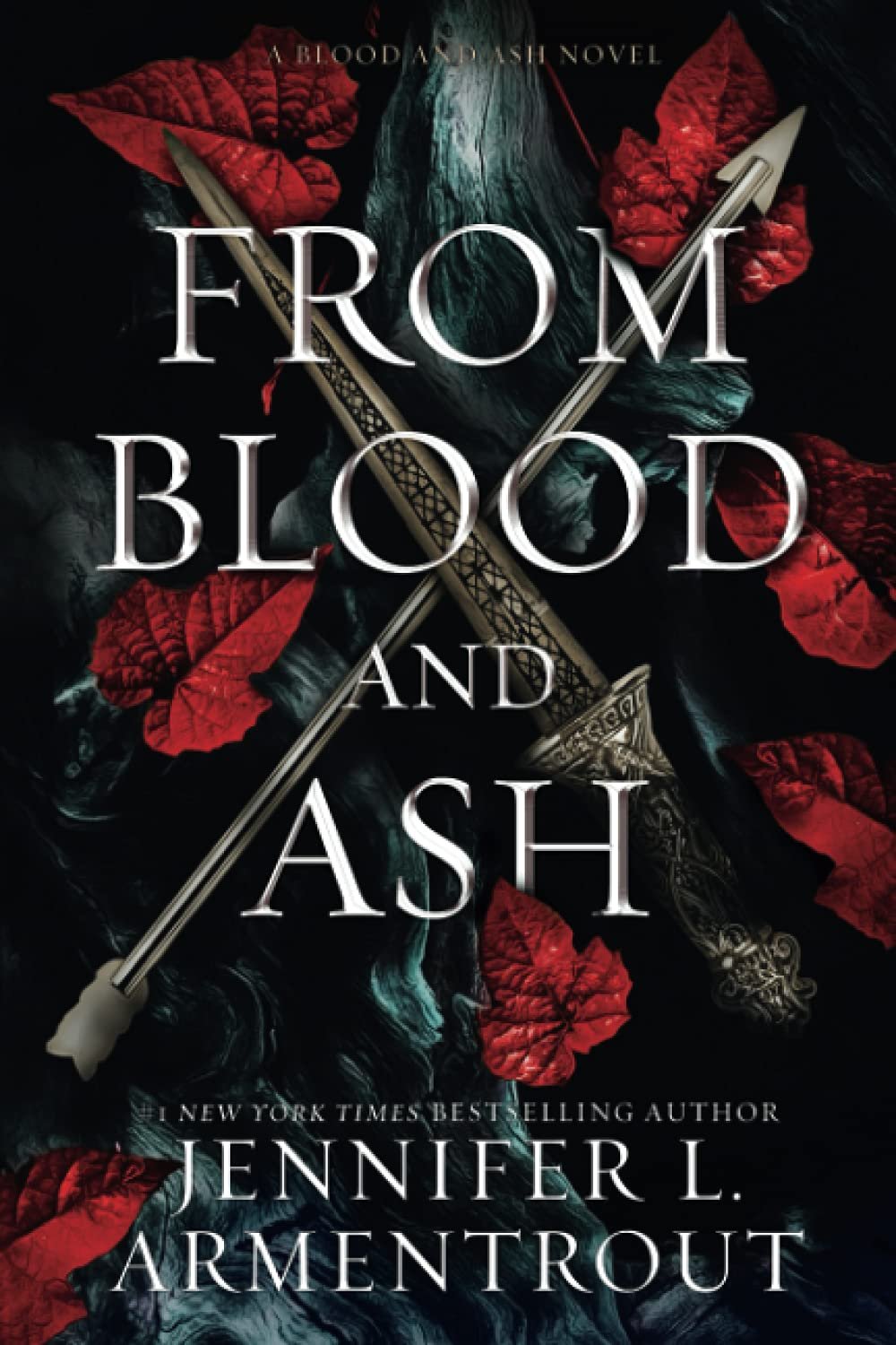 Cover of 'From Blood and Ash' by Jennifer L. Armentrout features a crossed sword and arrow over a dark background, with scattered red leaves.