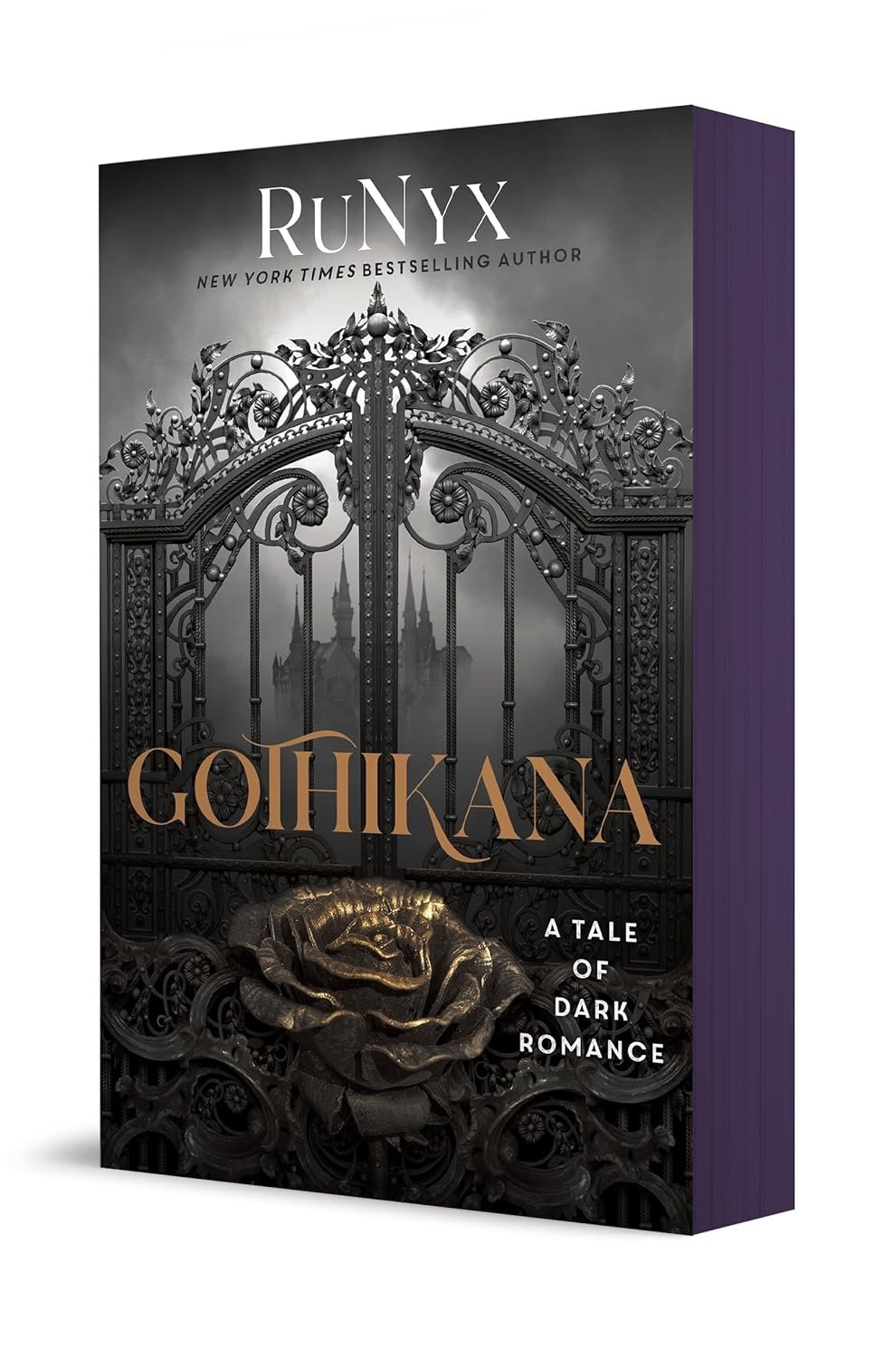 3D book cover of 'Gothikana' by Runyx features an ornate black gate opening onto a shadowy castle, with a black and gold rose below. Mood is dark and mysterious.