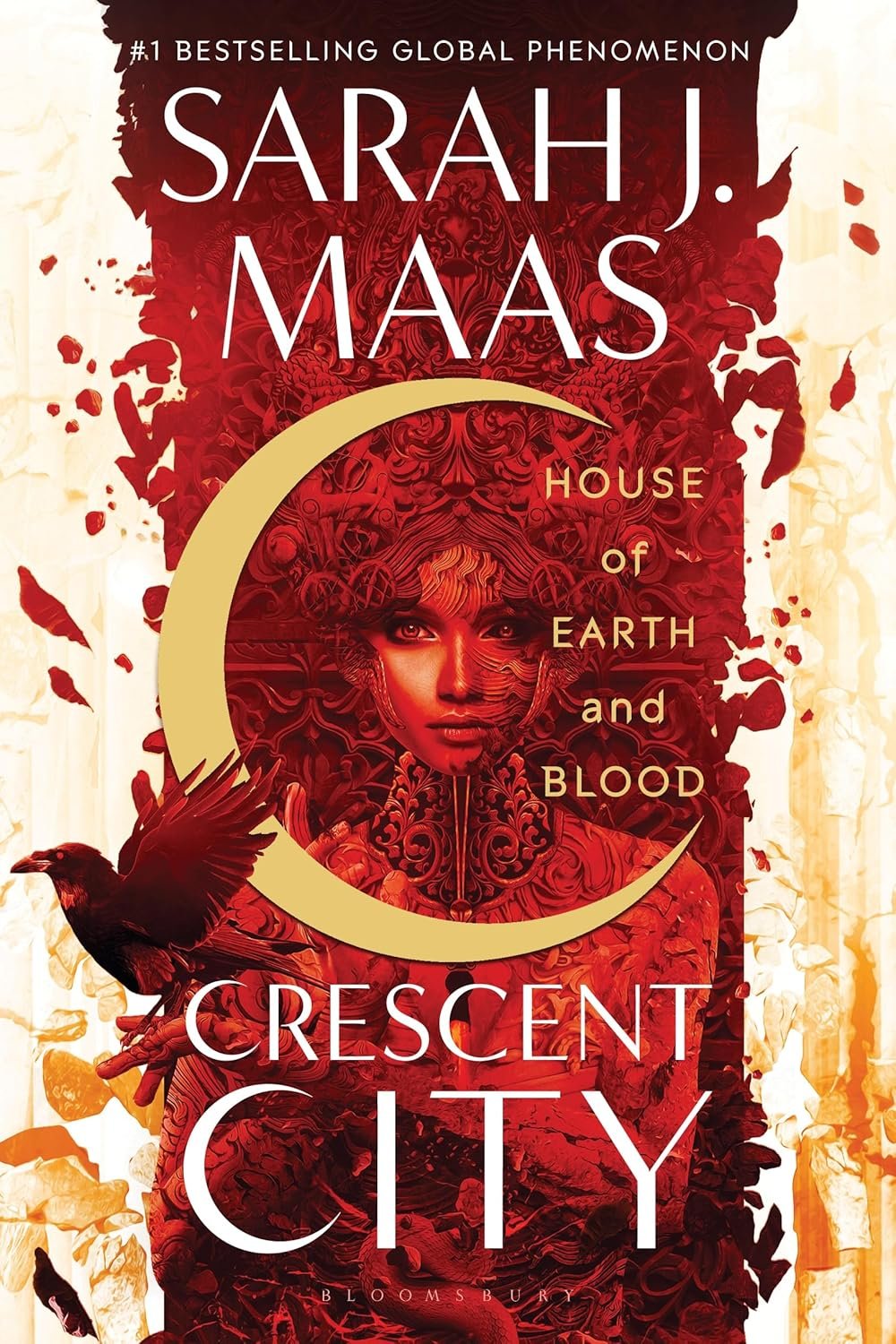 Cover of 'House of Earth and Blood' by Sarah J. Maas. Features intricate red designs, a central crescent, and a woman's intense gaze, conveying mystery.