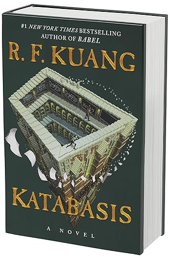Cover of the novel 'Katabasis' by R.F. Kuang features a detailed ancient maze-like structure. The design is intriguing, suggesting mystery and exploration.