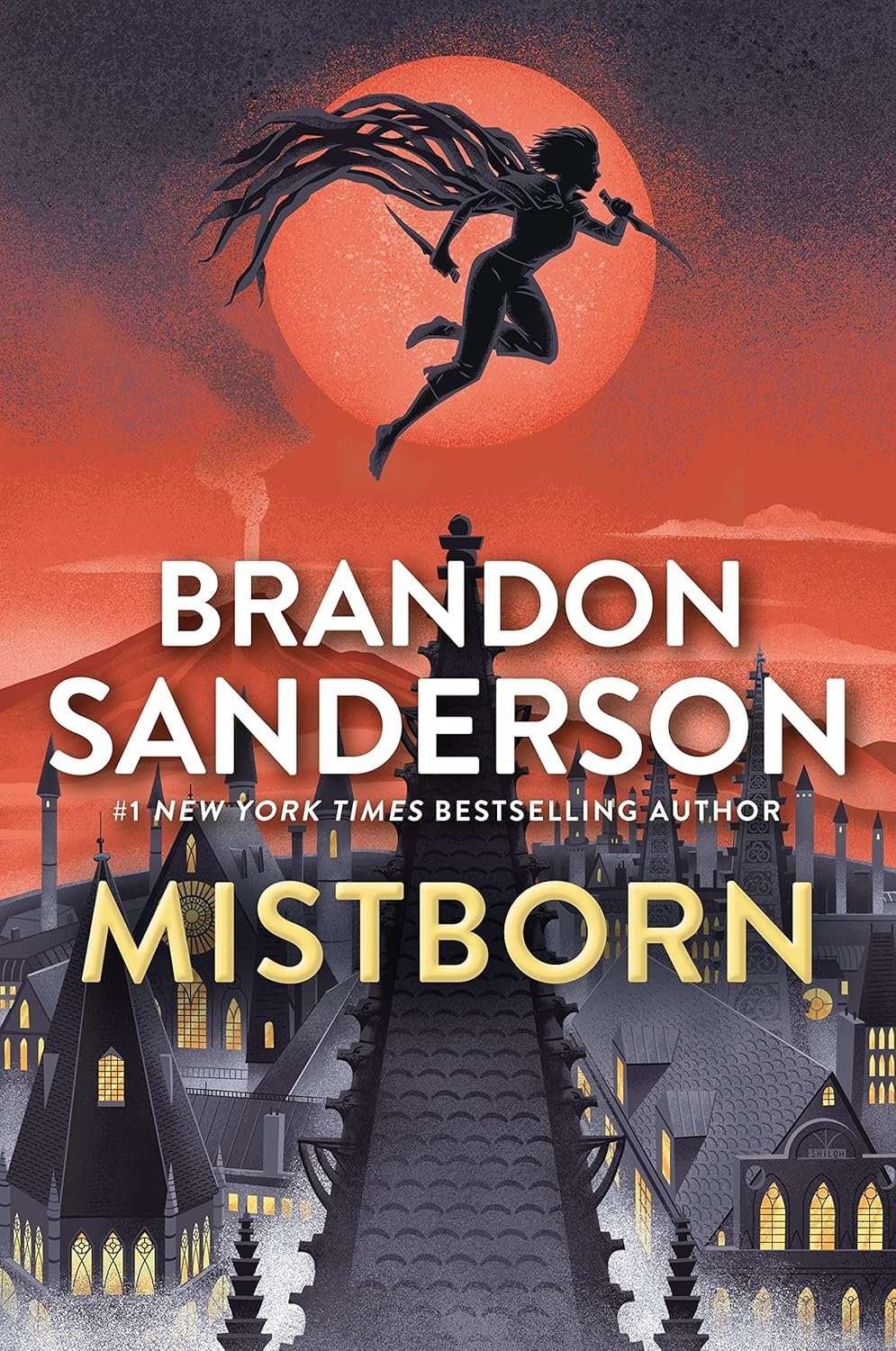 Silhouette of a person with a flowing cloak leaps over a dark, intricate cityscape under a large red moon. Bold text reads 'Brandon Sanderson: Mistborn.'