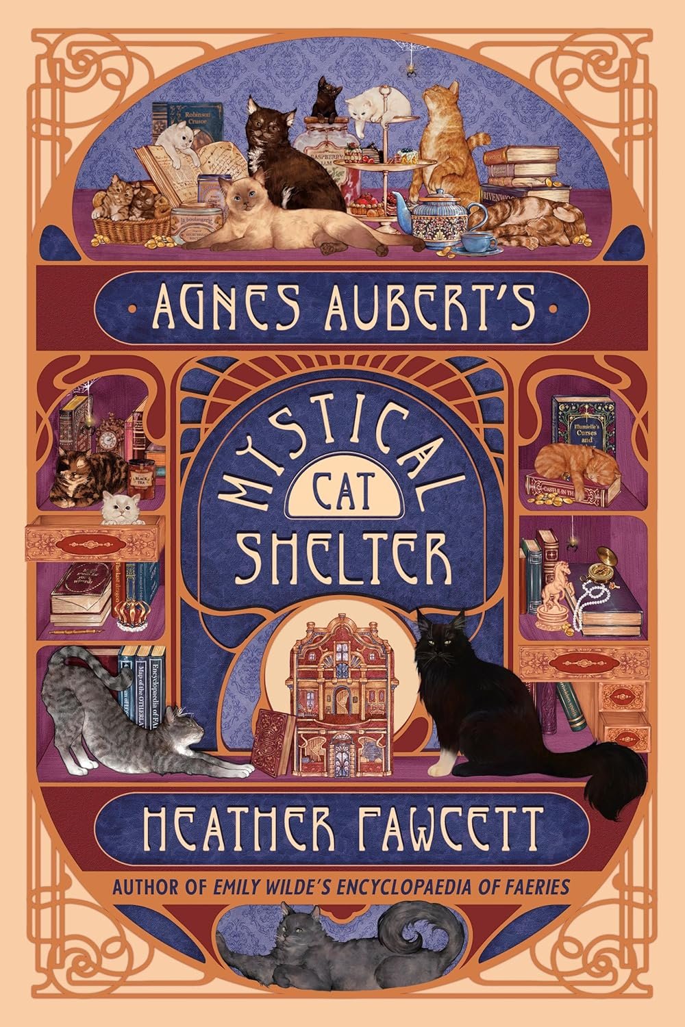 Art nouveau-style book cover titled 'Agnes Aubert’s Mystical Cat Shelter' by Heather Fawcett. Features various cats on bookshelves with intricate patterns and a magical, whimsical tone.