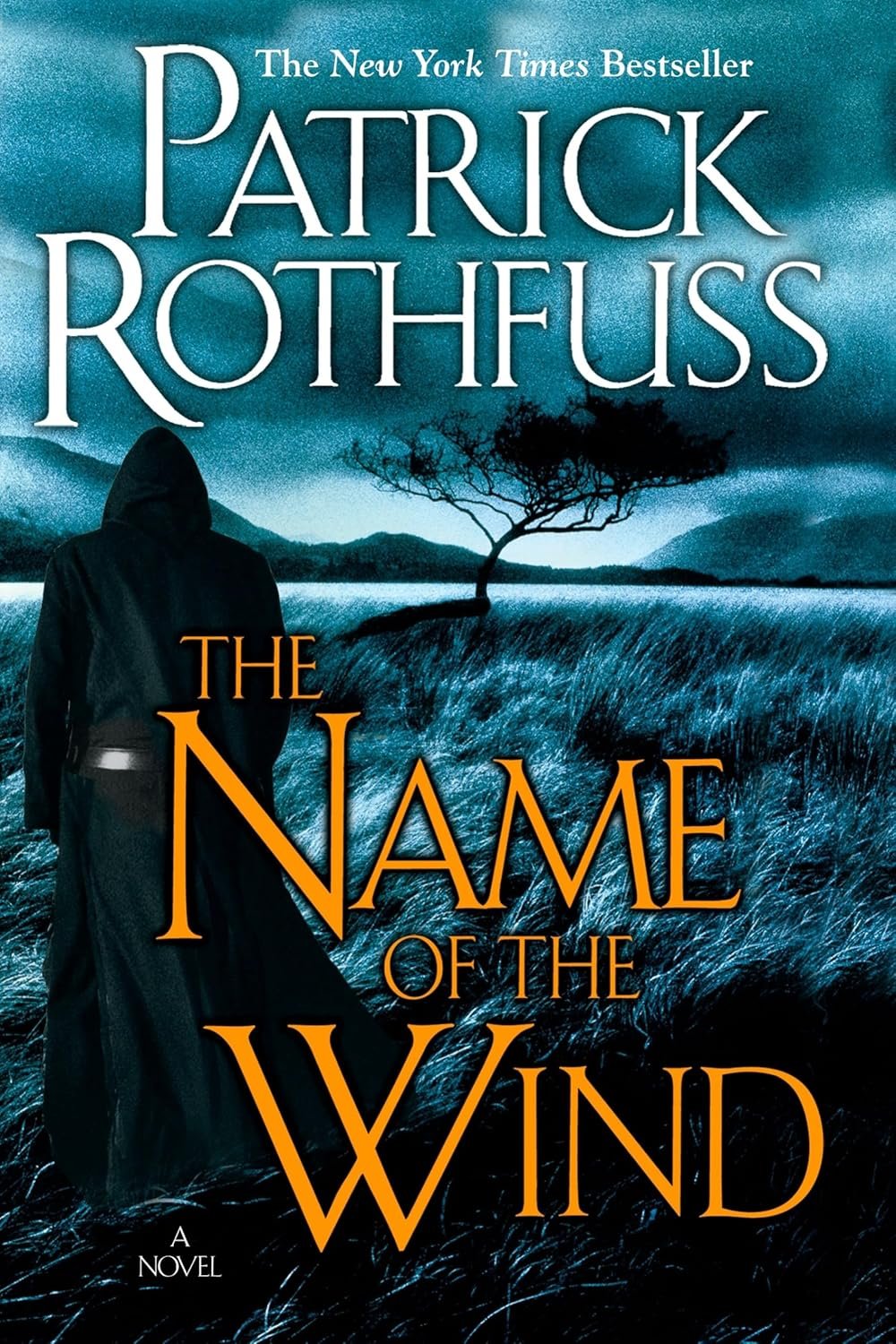 Cover of 'The Name of the Wind' by Patrick Rothfuss. A cloaked figure stands in a windswept field with a lone tree, evoking mystery and fantasy.