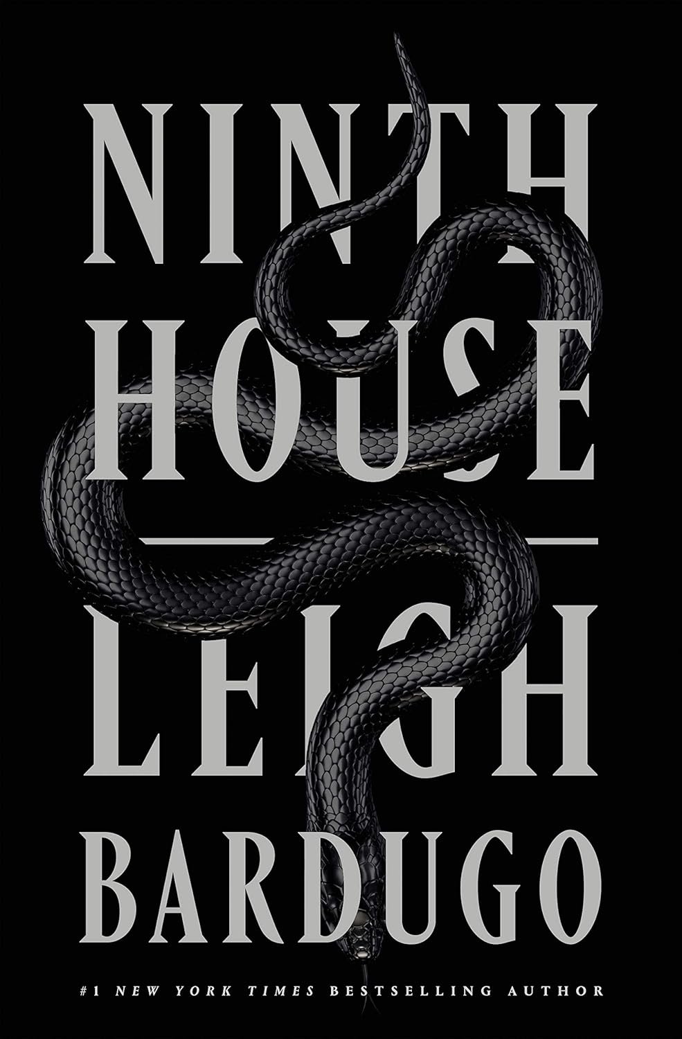 A black snake coils around large, bold white text on a black background. The text reads 'Ninth House' and 'Leigh Bardugo,' conveying a mysterious tone.