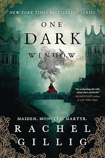 Book cover of 'One Dark Window' by Rachel Gillig. A mysterious figure stands on a stone bridge between two ancient towers, shrouded in swirling mist. Dark and enigmatic tone.