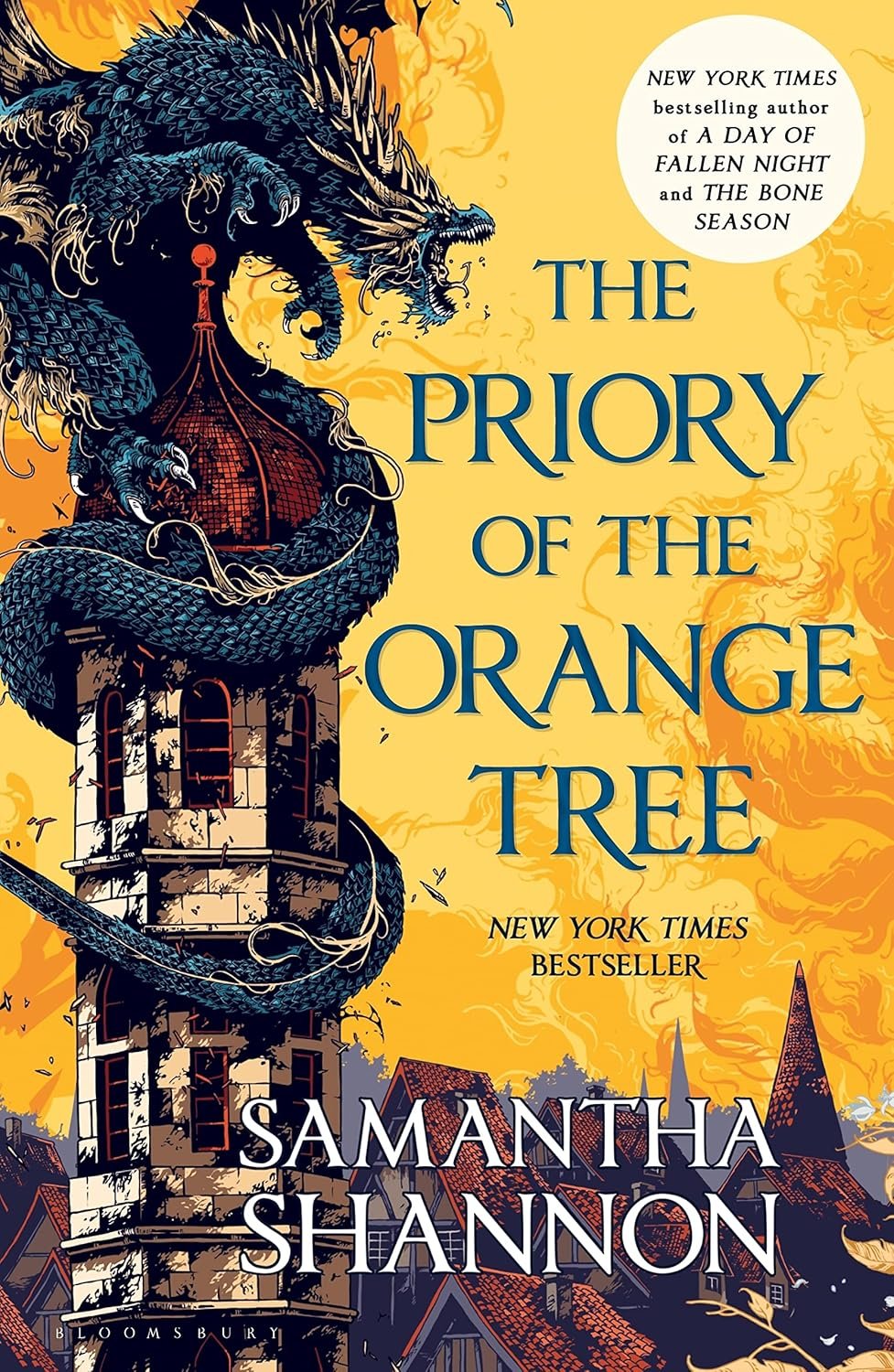 A blue dragon coils around a medieval tower against an orange backdrop with flying birds. Text: 'The Priory of the Orange Tree' by Samantha Shannon. Mystical, adventurous tone.
