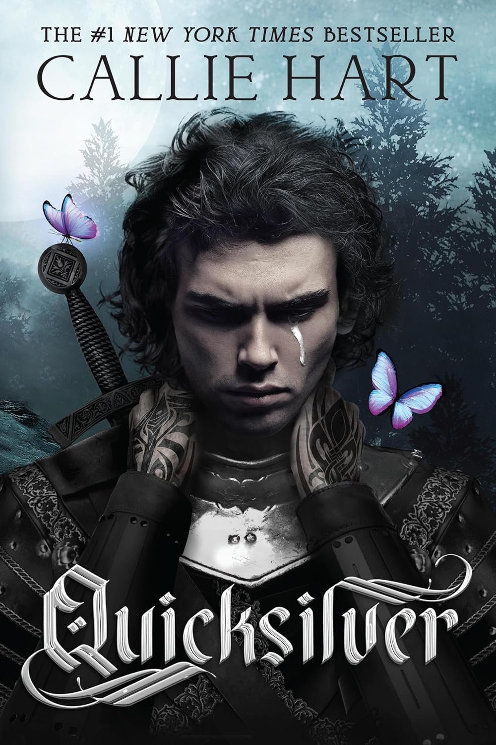 A somber young man in armor stands amid a misty forest, a tear on his cheek. Vibrant butterflies hover nearby, contrasting the dark tones. 'Quicksilver' title below.