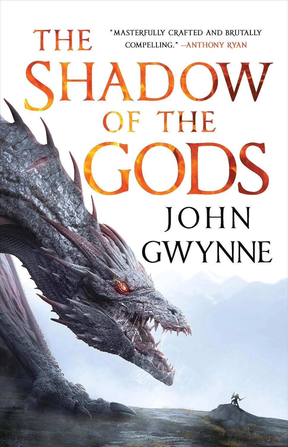 Cover of 'The Shadow of the Gods' by John Gwynne. A massive dragon with glowing red eyes looms over a small figure on a rock. The scene is intense and dramatic.