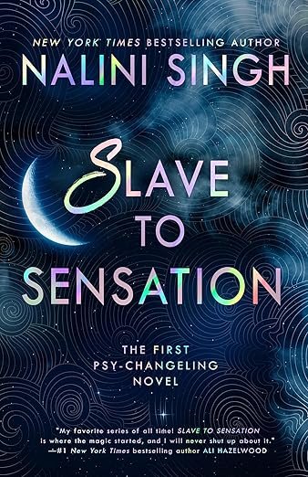 Cover of 'Slave to Sensation' by Nalini Singh features swirling blue and purple patterns with a crescent moon, conveying a mystical and enchanting tone.