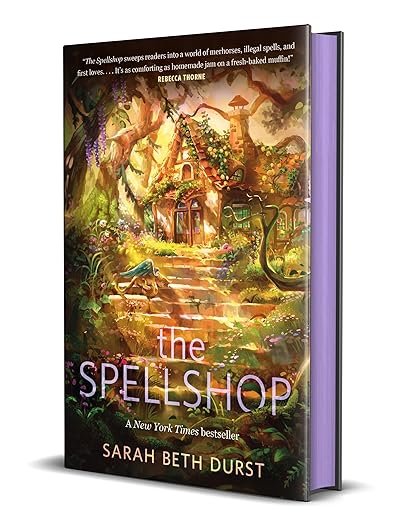 Book cover for 'The Spellshop' by Sarah Beth Durst, featuring a whimsical cottage in a lush, enchanted forest with bright, magical colors; mystical ambiance.
