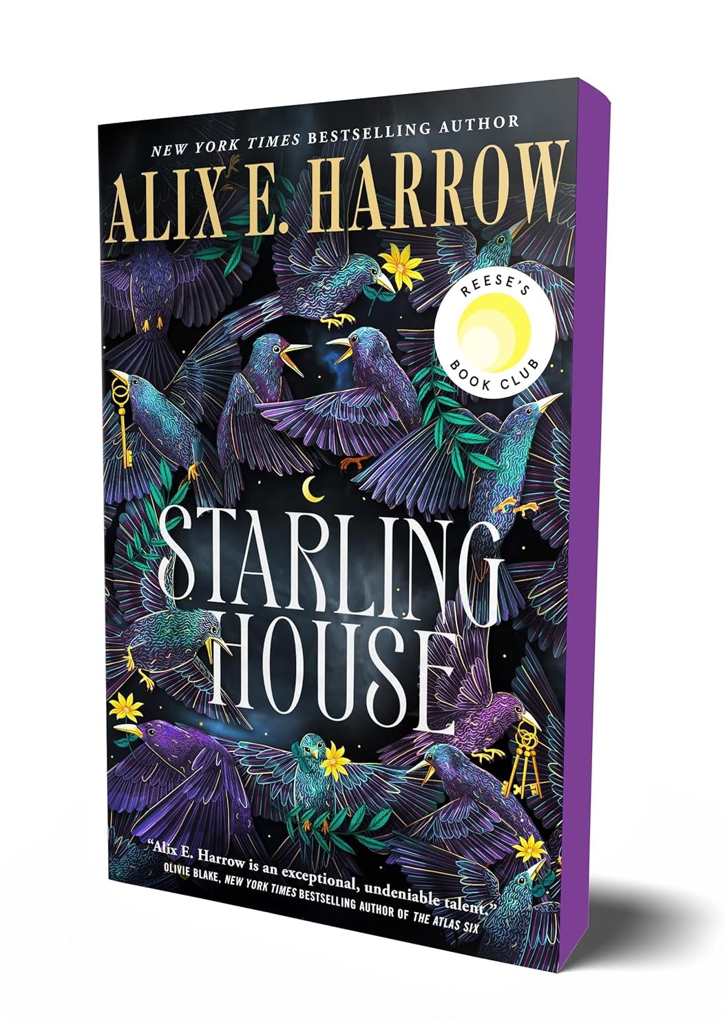 Cover of 'Starling House' by Alix E. Harrow features stylized starlings, moon, and key motifs with vibrant colors, creating a mysterious, enchanting atmosphere.