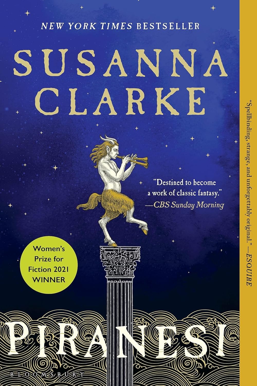 Cover of 'Piranesi' by Susanna Clarke features a faun playing a horn atop a column against a starry sky. Includes 'Women's Prize for Fiction 2021 Winner.'